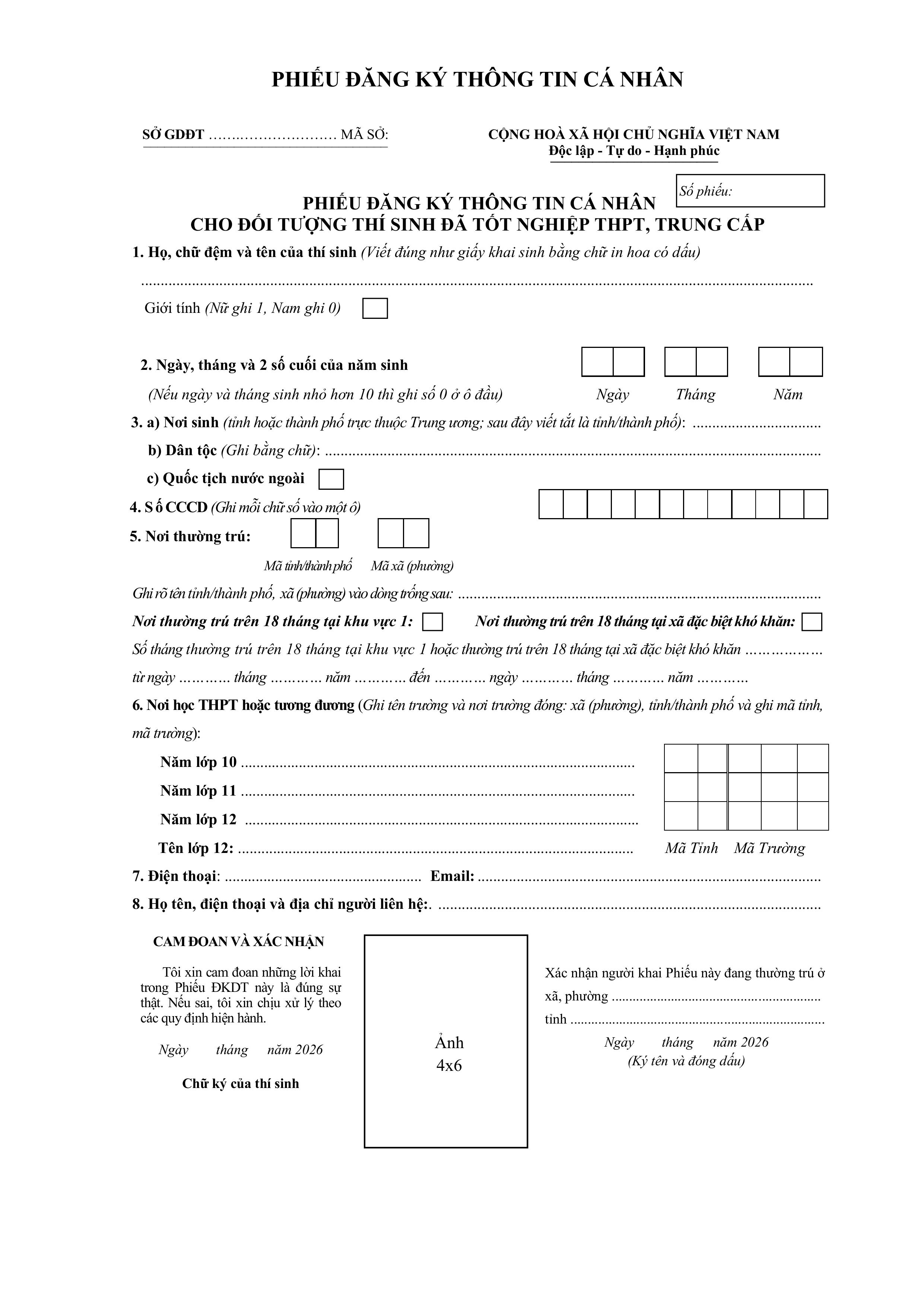 Mẫu phiếu đăng ký thông tin để cấp Tài khoản cho thí sinh tự do năm 2026