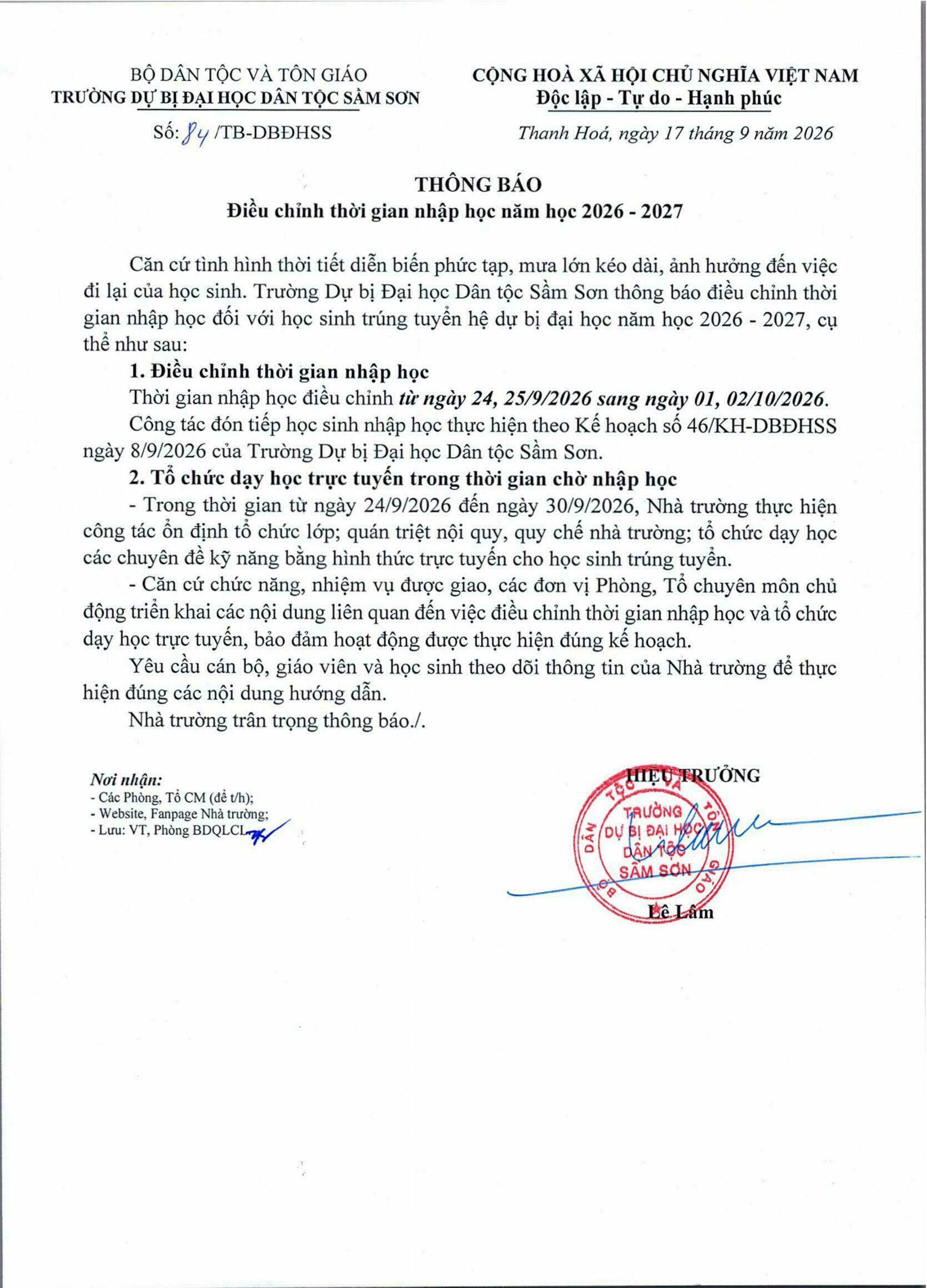 Thông báo điều chỉnh thời gian nhập học 2026 - 2027